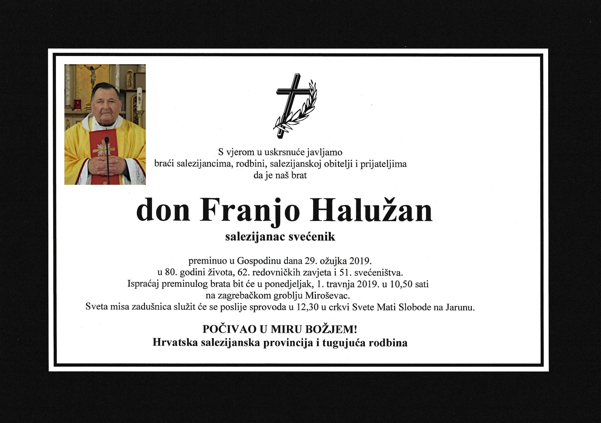 Don Franjo Halužan sdb, osmrtnica